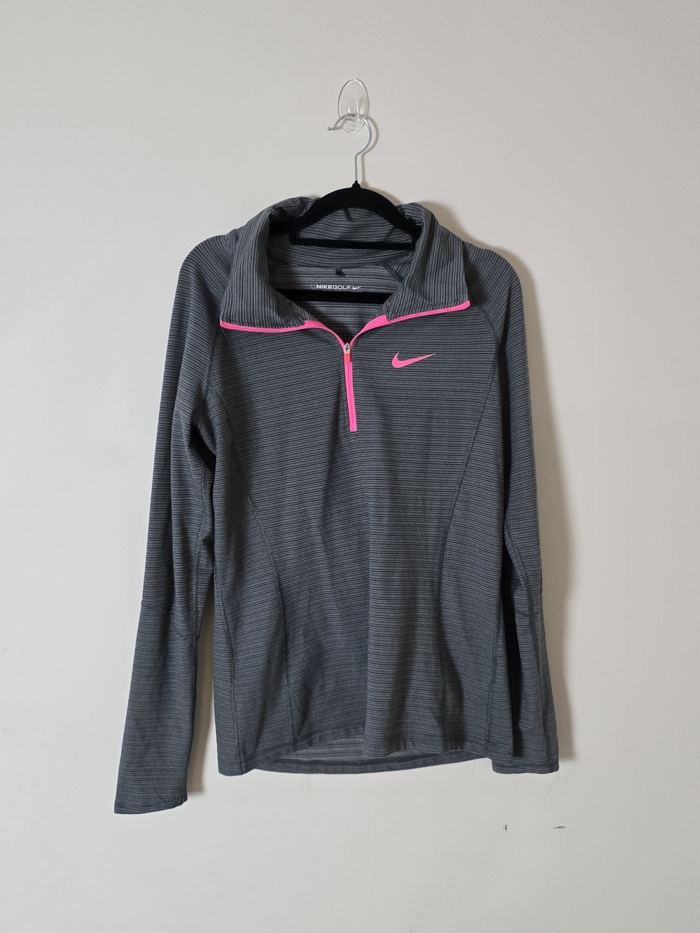Nike Golf Dri-FIT Womens M Gray Striped 1/4 Zip Long Sleeve Polo Pink Activewear